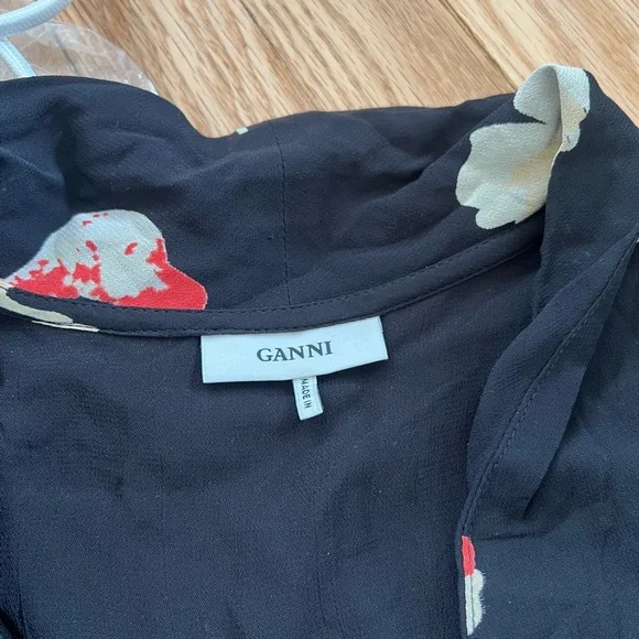 Ganni lorita georgette floral maxi dress 3/4 sleeve black, white and red flowers - Picture 10 of 13